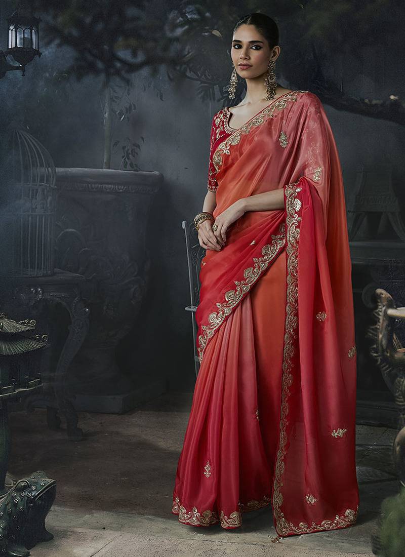 peach orange organza sequinece work party wear saree