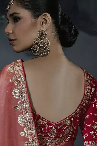 peach orange organza sequinece work party wear saree