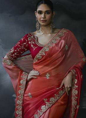 peach orange organza sequinece work party wear saree 3