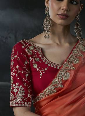 peach orange organza sequinece work party wear saree 4