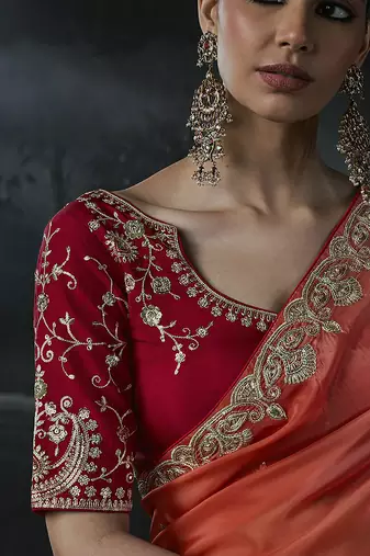 peach orange organza sequinece work party wear saree