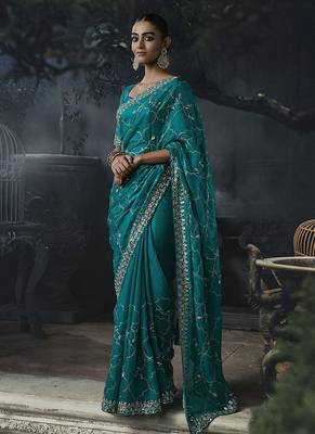 cyan organza sequinece work party wear saree 1