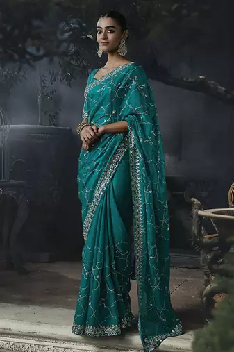cyan organza sequinece work party wear saree