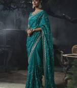cyan organza sequinece work party wear saree