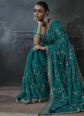 cyan organza sequinece work party wear saree 2