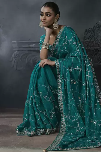 cyan organza sequinece work party wear saree