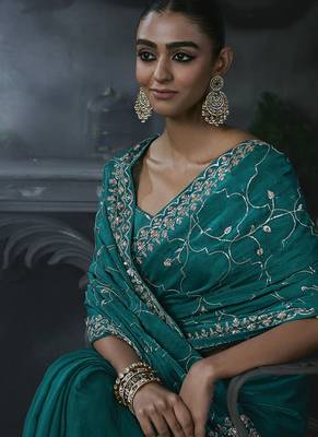 cyan organza sequinece work party wear saree 4