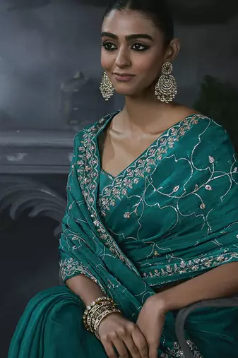 cyan organza sequinece work party wear saree