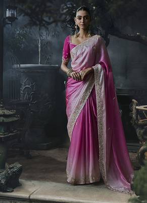 onion pink organza sequinece work party wear saree 1