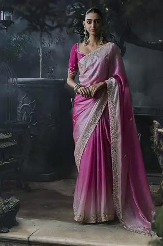 onion pink organza sequinece work party wear saree