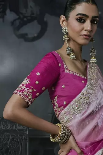 onion pink organza sequinece work party wear saree
