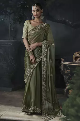mehendi organza sequinece work party wear saree