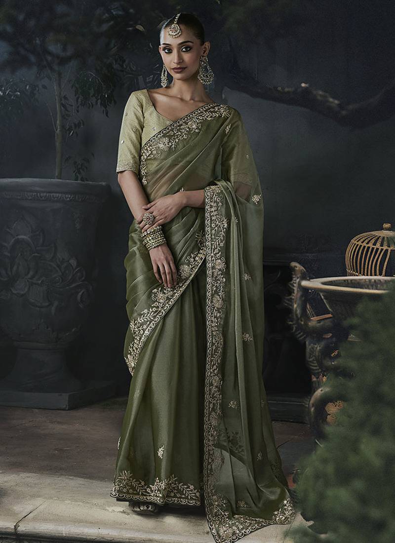 mehendi organza sequinece work party wear saree