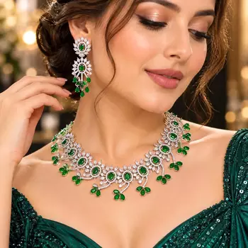 Emerald Green Bridal Necklace & Earrings Set, Indian Wedding Jewelry, Floral Silver Tone 1