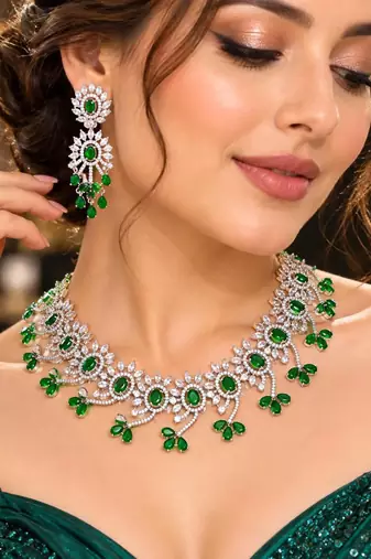 Emerald Green Bridal Necklace & Earrings Set, Indian Wedding Jewelry, Floral Silver Tone