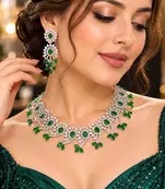 Emerald Green Bridal Necklace & Earrings Set, Indian Wedding Jewelry, Floral Silver Tone