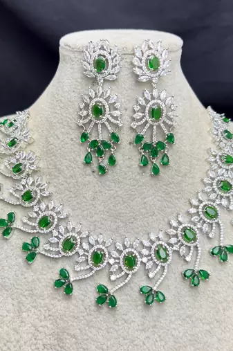 Emerald Green Bridal Necklace & Earrings Set, Indian Wedding Jewelry, Floral Silver Tone