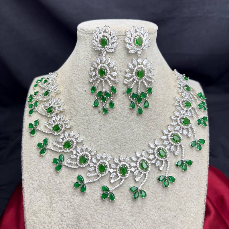 Emerald Green Bridal Necklace & Earrings Set, Indian Wedding Jewelry, Floral Silver Tone