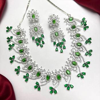 Emerald Green Bridal Necklace & Earrings Set, Indian Wedding Jewelry, Floral Silver Tone 3