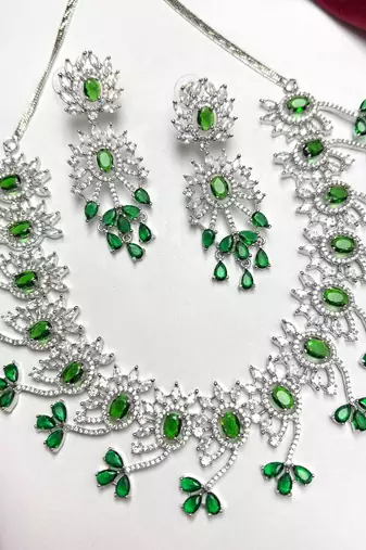 Emerald Green Bridal Necklace & Earrings Set, Indian Wedding Jewelry, Floral Silver Tone