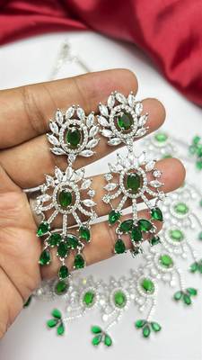 Emerald Green Bridal Necklace & Earrings Set, Indian Wedding Jewelry, Floral Silver Tone 4