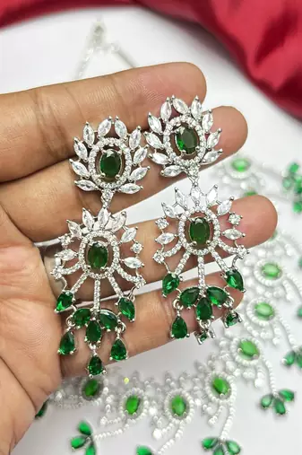 Emerald Green Bridal Necklace & Earrings Set, Indian Wedding Jewelry, Floral Silver Tone