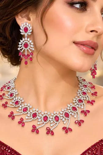 Indian Bridal Necklace Earrings Set, RED Ruby CZ, Silver Tone Floral Jewelry