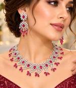 Indian Bridal Necklace Earrings Set, RED Ruby CZ, Silver Tone Floral Jewelry