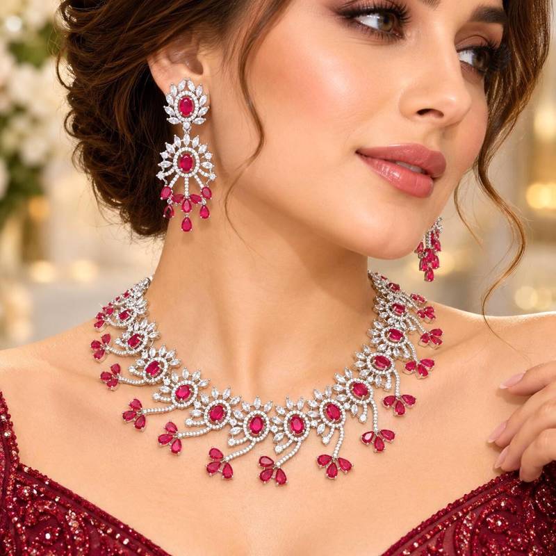 Indian Bridal Necklace Earrings Set, RED Ruby CZ, Silver Tone Floral Jewelry