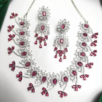 Indian Bridal Necklace Earrings Set, RED Ruby CZ, Silver Tone Floral Jewelry 2