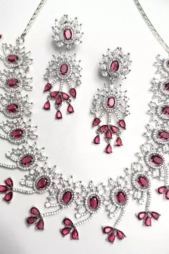 Indian Bridal Necklace Earrings Set, RED Ruby CZ, Silver Tone Floral Jewelry