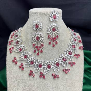 Indian Bridal Necklace Earrings Set, RED Ruby CZ, Silver Tone Floral Jewelry 3