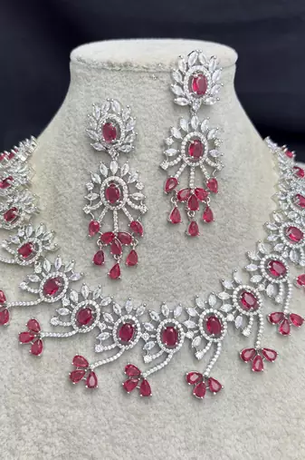 Indian Bridal Necklace Earrings Set, RED Ruby CZ, Silver Tone Floral Jewelry