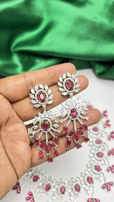Indian Bridal Necklace Earrings Set, RED Ruby CZ, Silver Tone Floral Jewelry 4