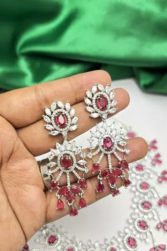 Indian Bridal Necklace Earrings Set, RED Ruby CZ, Silver Tone Floral Jewelry