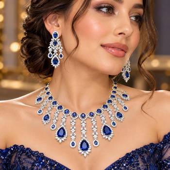 Royal Blue CZ Bridal Necklace Earrings Set, Teardrop Crystal Statement Jewelry 1