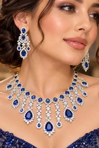Royal Blue CZ Bridal Necklace Earrings Set, Teardrop Crystal Statement Jewelry