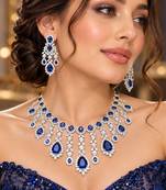 Royal Blue CZ Bridal Necklace Earrings Set, Teardrop Crystal Statement Jewelry