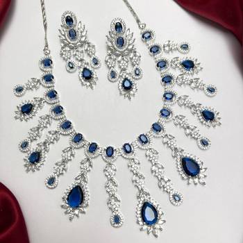 Royal Blue CZ Bridal Necklace Earrings Set, Teardrop Crystal Statement Jewelry 2