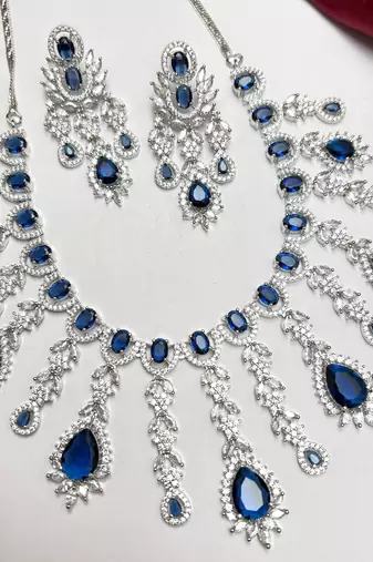 Royal Blue CZ Bridal Necklace Earrings Set, Teardrop Crystal Statement Jewelry