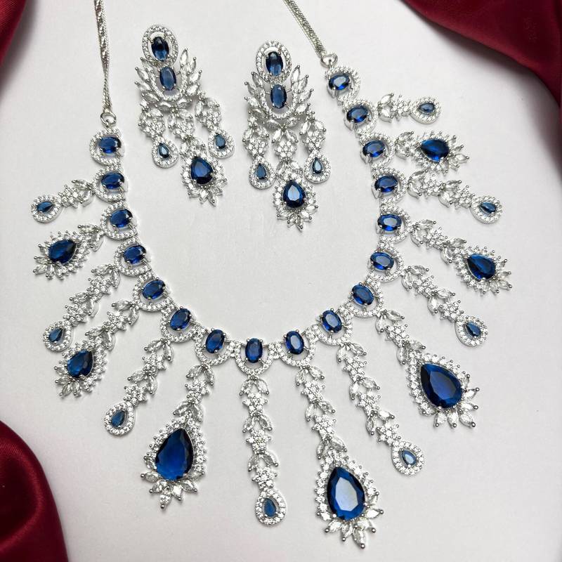 Royal Blue CZ Bridal Necklace Earrings Set, Teardrop Crystal Statement Jewelry