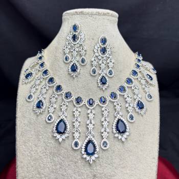 Royal Blue CZ Bridal Necklace Earrings Set, Teardrop Crystal Statement Jewelry 3