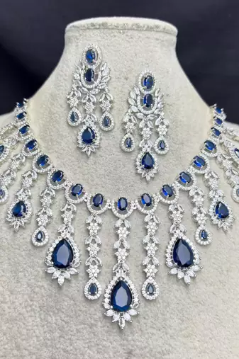 Royal Blue CZ Bridal Necklace Earrings Set, Teardrop Crystal Statement Jewelry