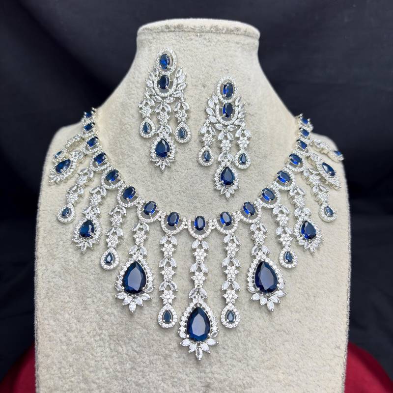 Royal Blue CZ Bridal Necklace Earrings Set, Teardrop Crystal Statement Jewelry