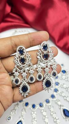 Royal Blue CZ Bridal Necklace Earrings Set, Teardrop Crystal Statement Jewelry 4