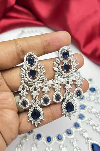 Royal Blue CZ Bridal Necklace Earrings Set, Teardrop Crystal Statement Jewelry