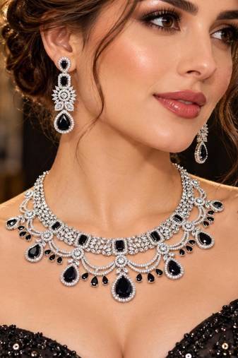 Black Onyx Look Bridal Necklace Set, Silver Tone Statement Jewelry, Indian Wedding Earrings