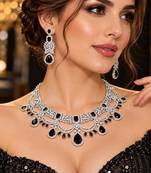 Black Onyx Look Bridal Necklace Set, Silver Tone Statement Jewelry, Indian Wedding Earrings