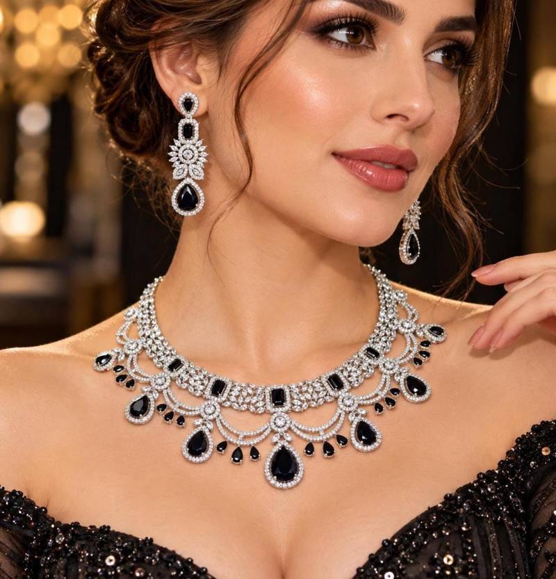 Black Onyx Look Bridal Necklace Set, Silver Tone Statement Jewelry, Indian Wedding Earrings