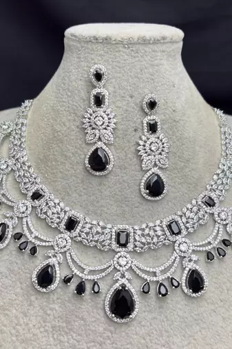 Black Onyx Look Bridal Necklace Set, Silver Tone Statement Jewelry, Indian Wedding Earrings